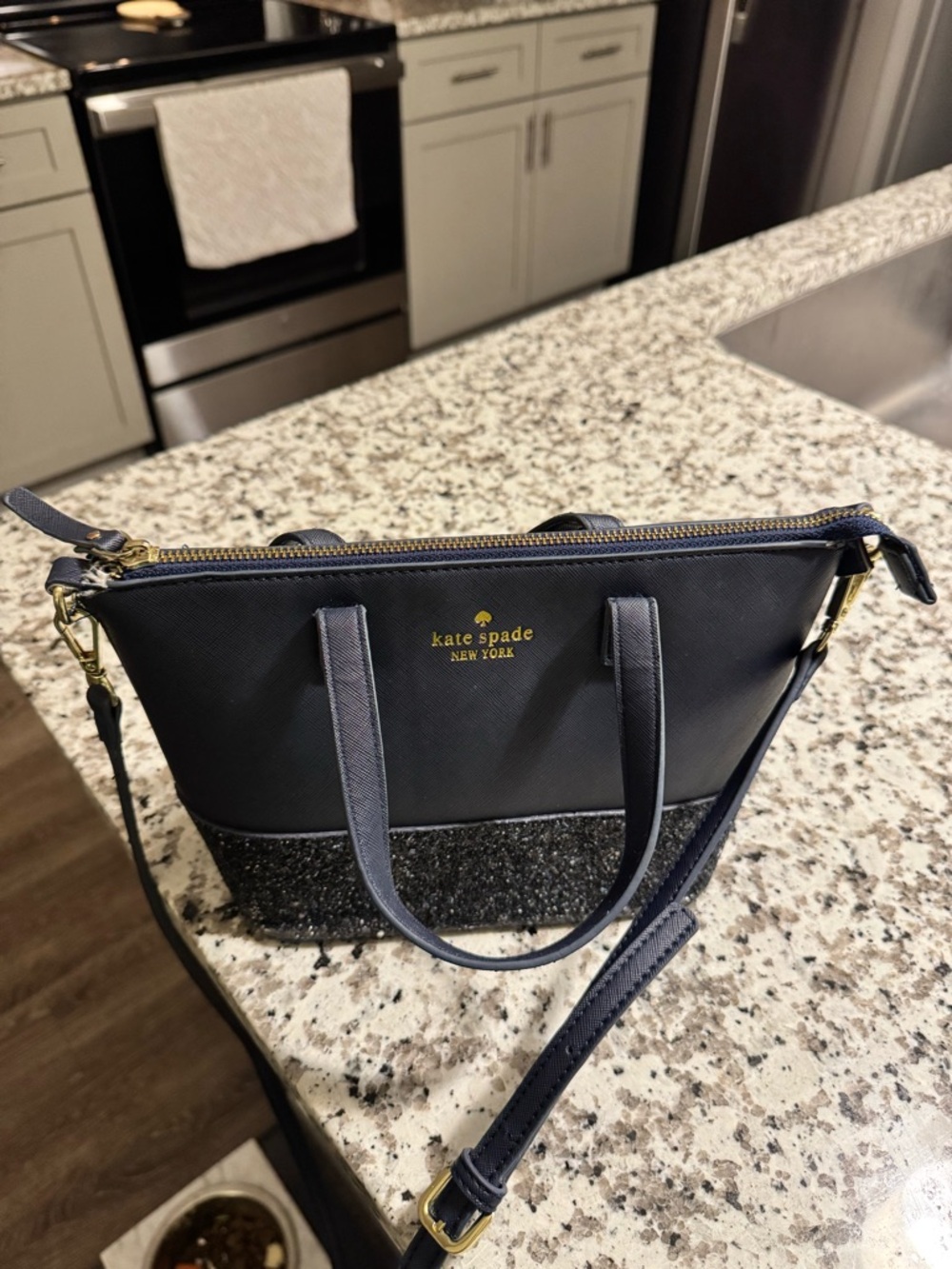 kate spade navy and black glitter crossbody tote